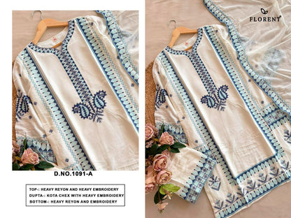 Ivory White & Indigo Blue Embroidered Kurti Set with Dupatta