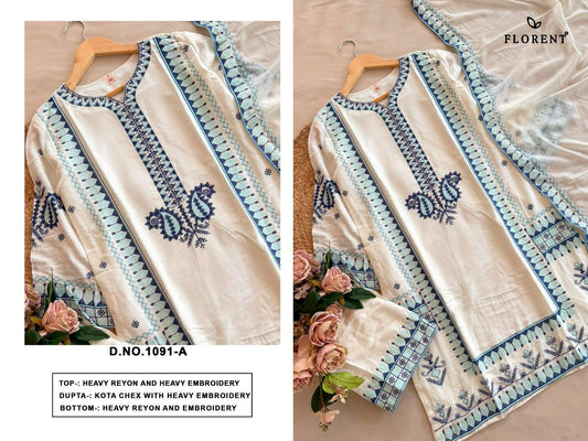 Ivory White & Indigo Blue Embroidered Kurti Set with Dupatta