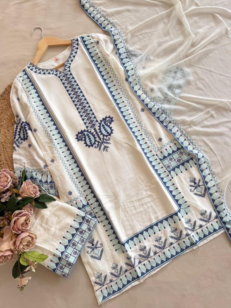 Ivory White & Indigo Blue Embroidered Kurti Set with Dupatta
