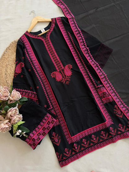 Ivory White & Indigo Blue Embroidered Kurti Set with Dupatta