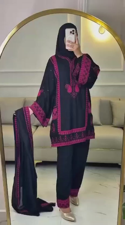 Ivory White & Indigo Blue Embroidered Kurti Set with Dupatta